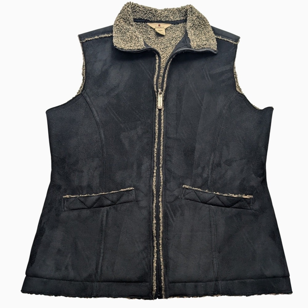Woolrich Vest Womens Small Black Faux Suede Sherpa Lined Full Zip 18510